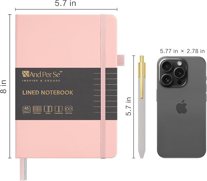 &And Per Se Lined Journal and Pen Set (3 Packs), A5 Leather Hardcover Notebook with Pen & Stationary Set, 160 Pages 100GSM Thick Ruled Paper Journal for Business Work Writing (Pink)