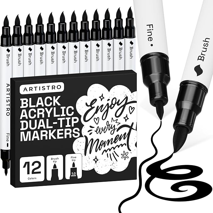 ARTISTRO 12 Black Acrylic Paint Markers - Paint Pens for Drawing, Brush + Fine Tips - For Fabric, Rock, Glass, Wood, DIY - Art & Craft Supplies for Adults, Teens, Kids - Teacher Appreciation Gift