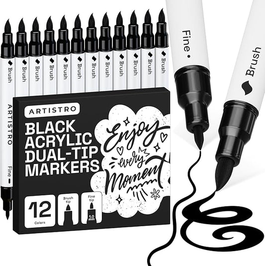 ARTISTRO 12 Black Acrylic Paint Markers - Paint Pens for Drawing, Brush + Fine Tips - For Fabric, Rock, Glass, Wood, DIY - Art & Craft Supplies for Adults, Teens, Kids - Teacher Appreciation Gift