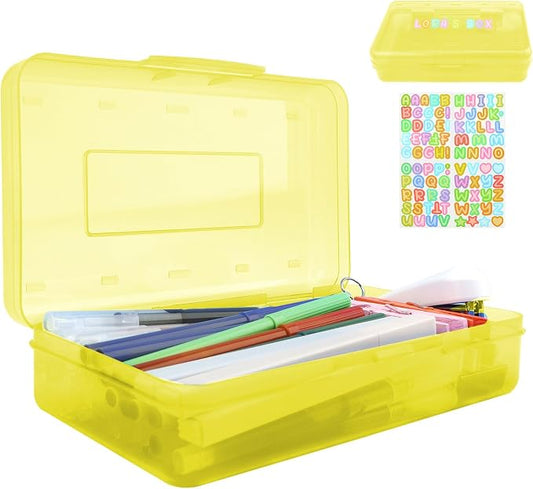 Yellow Pencil Case Box Plastic Aesthetic Hard Pencil Case with Stickers Stackable Storage Box for Girls Boys Big Capacity 1 Pack for Pens School Stylish Office Supplies Storage Organizer Boxs Medium