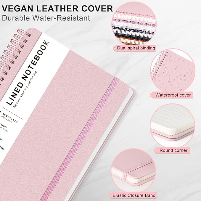 ABERLLS Lined Spiral Journal Notebook with 160 Pages, 8×5.7in, A5 Spiral Notebook, Journaling Notebooks for Work, School, Women, Men, College Ruled Spiral Notebook, Hardcover Leather Journals, Pink