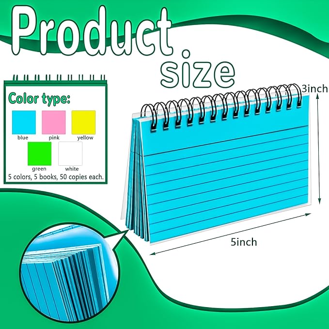 Colorful 250 Pcs Spiral Index Cards 3x5 Inch Flash Cards with Ring Lined Note Card Book Flashcards, Colored Ruled Card Pad Index Note Books 3 x 5 Notecards for Studying School Supply College