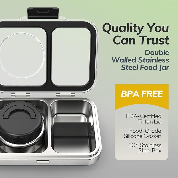 HOMEKOL Stainless Steel Bento Lunch Box + 9.5oz Insulated Food Jar, Black | 2-Compartment Leak-Proof Container for Kids & Adults, BPA/BPS-Free, 18/8 Metal, Dishwasher Safe, Clear Tritan Lid