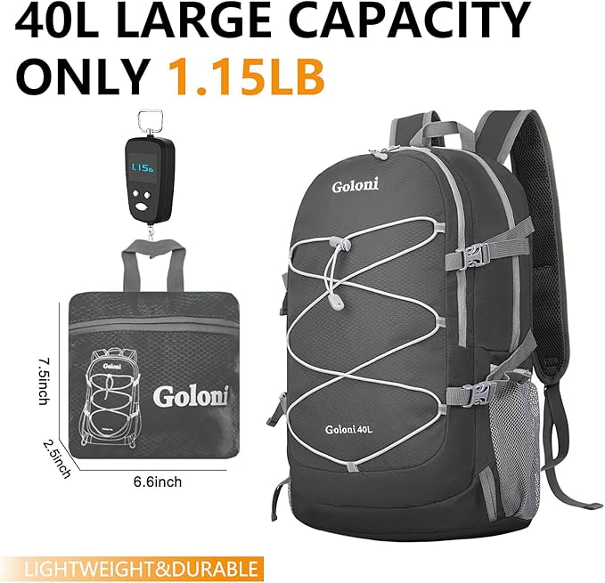 Goloni Ultra Lightweight Packable Backpack 40L - Foldable Hiking Backpack Water Resistant Small Foldable Daypack for Travel,Dark Grey