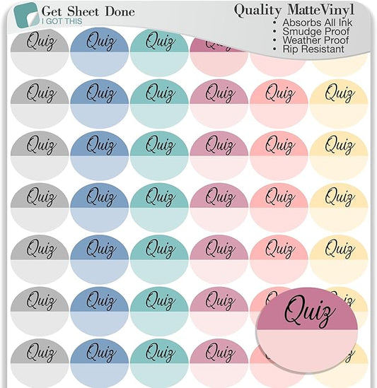 Student Planner Stickers / 48 Vinyl Decal (1/2”) - School College Academic Teacher Planner - Educational Stickers Planner/Essential Productivity Life Planner Stickers (Quiz, 1 Sheet)