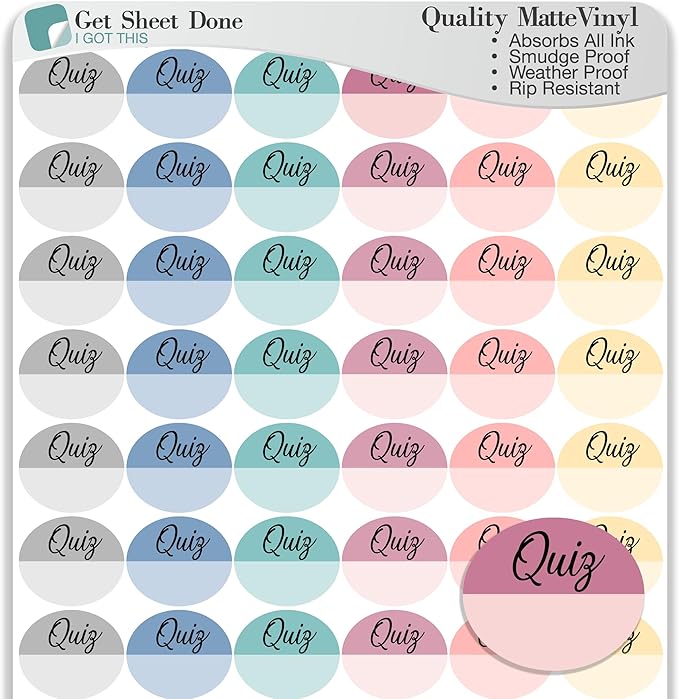 Student Planner Stickers – 48 Matte Vinyl Decals (½ Inch) – Quiz Reminder Labels for School, College, or Teachers – Functional Academic Organization for Bujo and Journaling (3 Sheets)