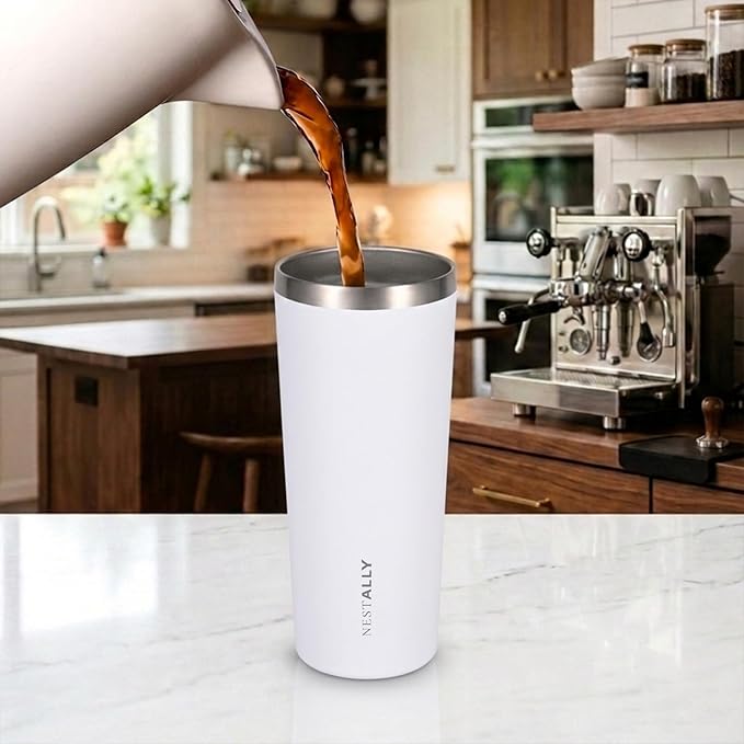 NESTALLY Coast 20oz Stainless Steel Tumbler,Extra Capacity Holds Up to 22oz, Double Wall Vacuum Insulated Travel Coffee Mug with Lid & Metal Straw, Leakproof Reusable Cup for Travel (Soft White)
