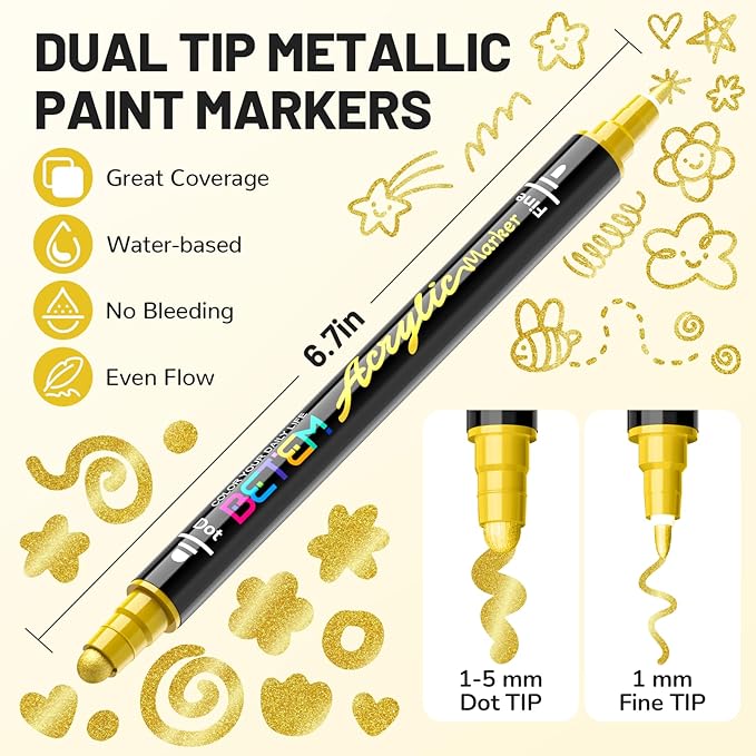 Betem 30 Metallic Dual Tip Acrylic Paint Markers, Fabric Decorating Kits Premium Water-Based Acrylic Paint Pens Art Supplies for Fabric, Rock, Wood, Glass, Canvas, Ceramic, Teacher Appreciation Gift