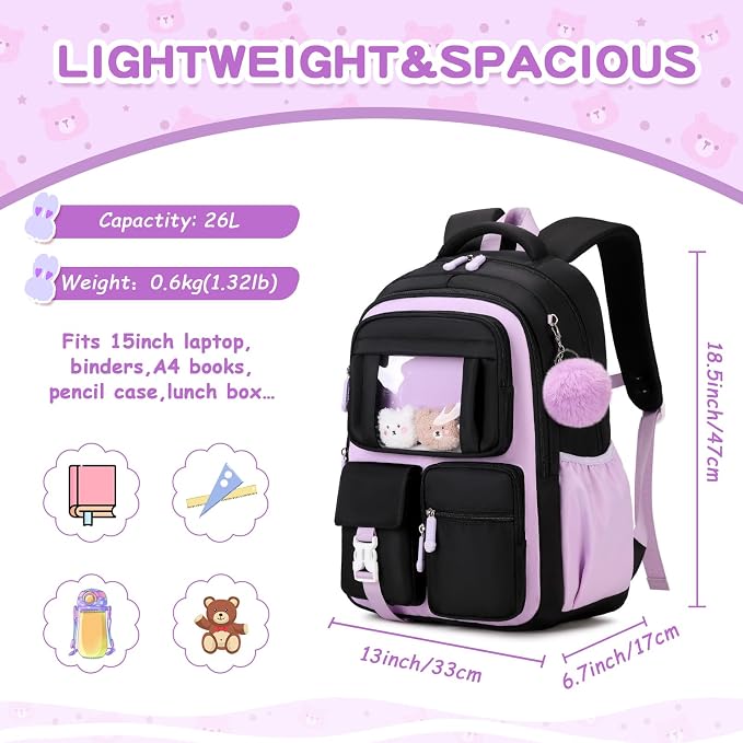 PIG PIG GIRL Kids Backpack for Girls School Bags for Middle School Students Book Bag for Elementary Primary Kawaii Ita Backpack, Black and Purple