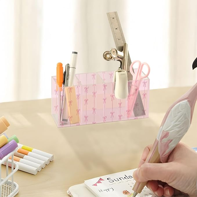 Aslsiy Ribbons Bow Coquette Pen Holder Pink 4 Compartments Acrylic Pencil Holder Clear Makeup Brush Holder Desk Organizer Office Supplies