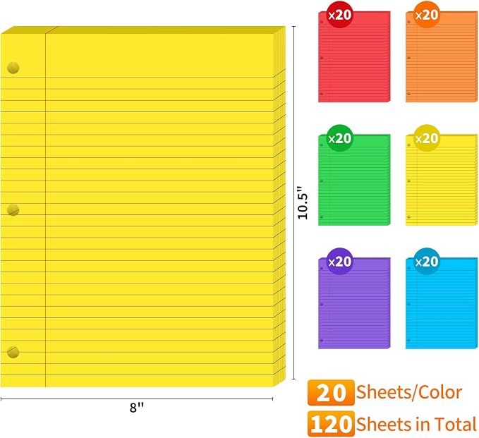 120Sheets Rainbow Loose Leaf Binder Paper,8' x 10.5' Wide Ruled Lined Paper