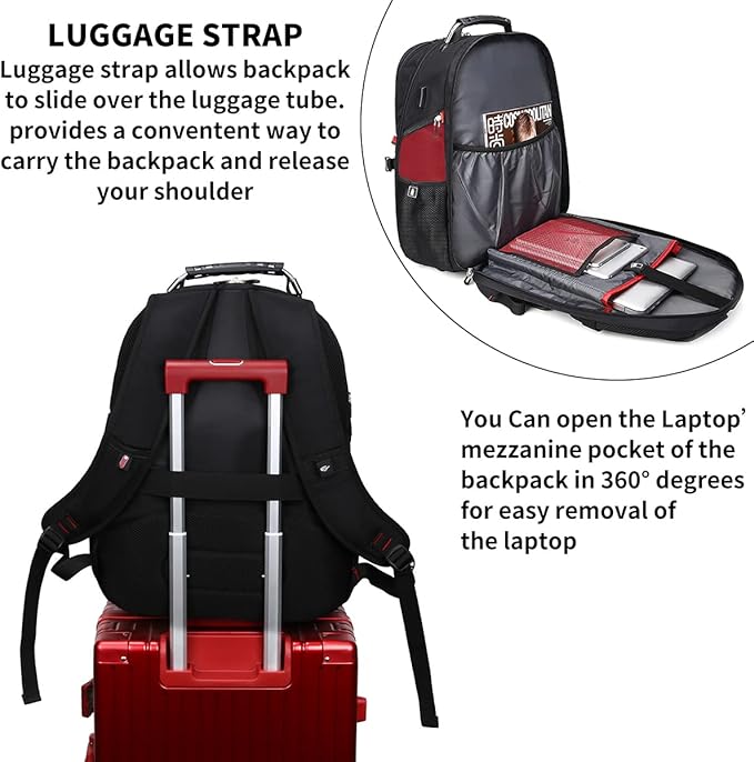 SHRRADOO Extra Large 50L Travel Laptop Backpack with combination lock, College Backpack Airline Approved Business Work Bag Fit 17 Inch Laptops for Men Women,Red