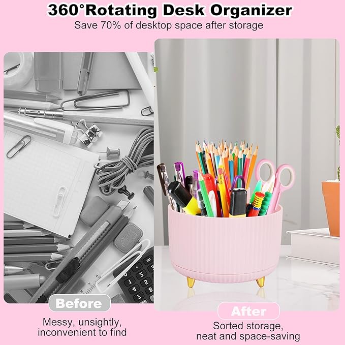 Gawsey Desk Organizers and Accessories Set with 360-Degree Rotating Pen Holder, Tape Dispenser, Stapler, Staple Remover, 1000 Staples, Tape, Clips Set, Ruler, Scissor, Pen (Pink-A)