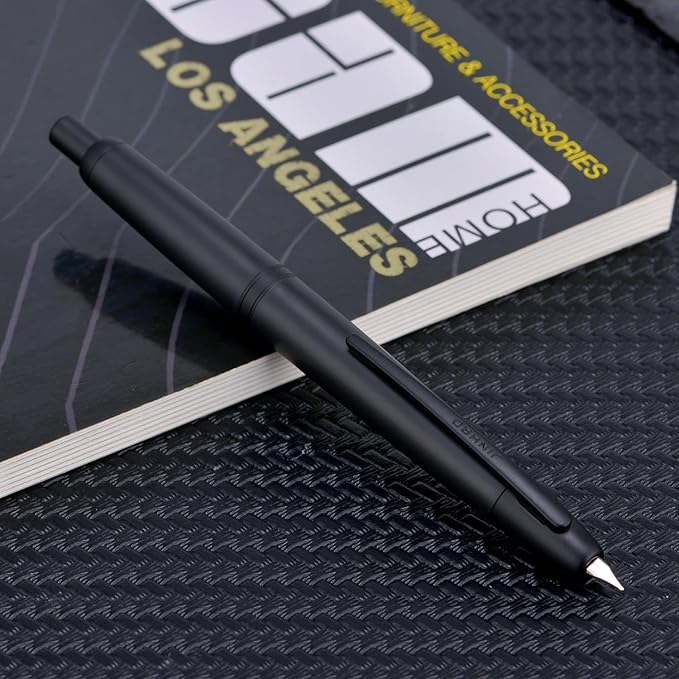 Jinhao 20 Press Fountain Pen, Matte Black Retractable Extra Fine Nib with Ink Converter Set (Black Clip)