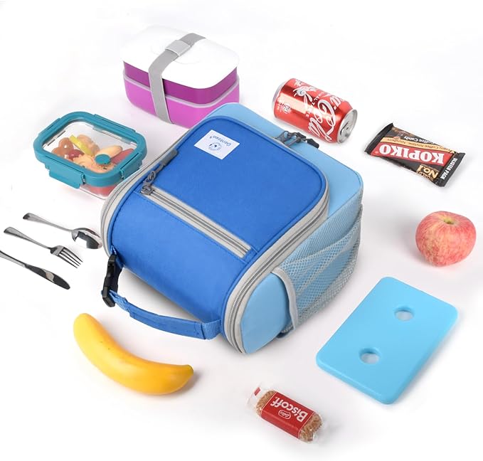 Genteen Kids Lunch Box, Insulated Lunch Bag for Kids, Toddler, Girl, and Boy; Holds Lunch Box, Water Bottle, & Snacks; Easy-Clean Water-Resistant Fabric & Multiple Zippered Pockets(Blue)