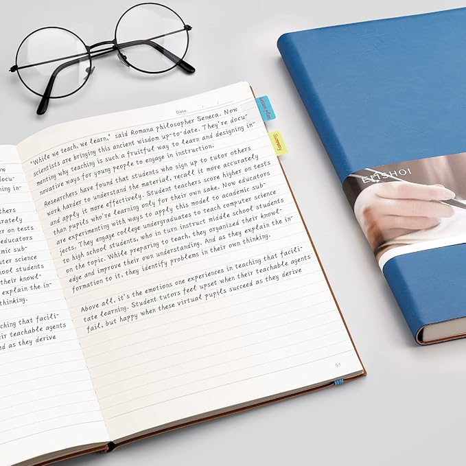 EMSHOI B5 College Ruled Notebook, Large 7.5"x10", 204 Numbered Pages 100GSM Ink-Proof Faux Leather Softcover Lay-Flat Lined Journal for Work Office School Study Writing, LightBlue