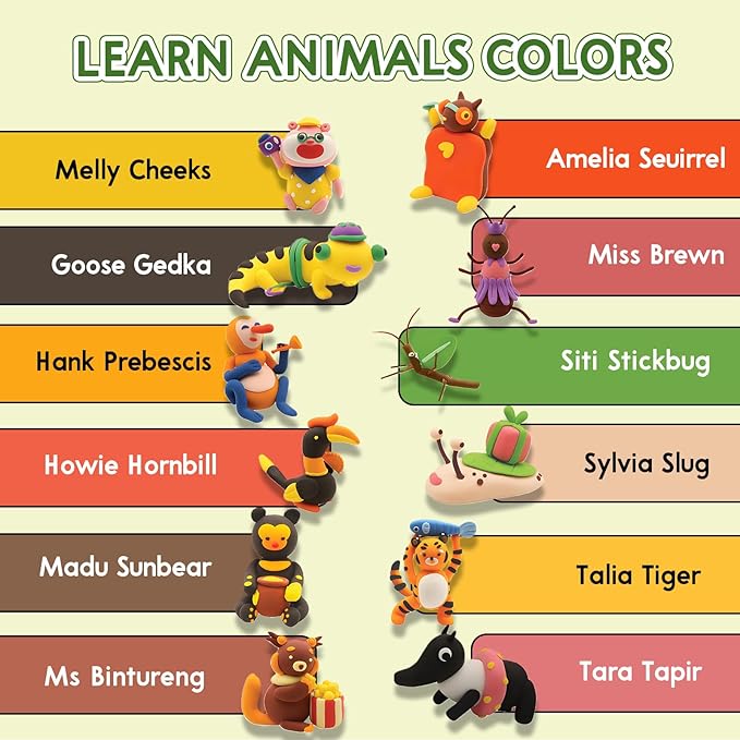 Wild Rainforest Air Dry Clay Kit for Kids - 12 Jungle Animal Models with 4 Colors & Tools, Animal Making Clay Set, Non-Toxic Air Dry Modeling Clay, Creative DIY Craft Gift for Ages 3-12