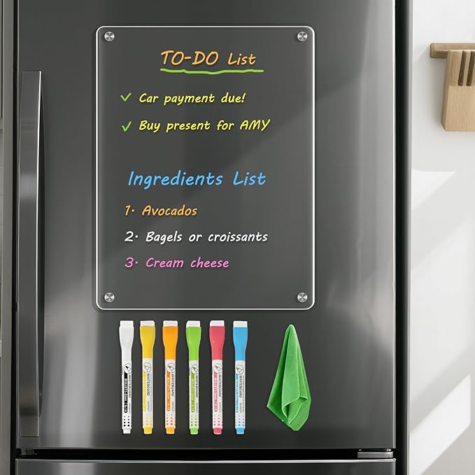 WALGLASS Fridge Acrylic Board, 11"x8" Clear Magnetic Planning Board, Dry Erase Board for Refrigerator, Fridge Planner, 6 Liquid Markers