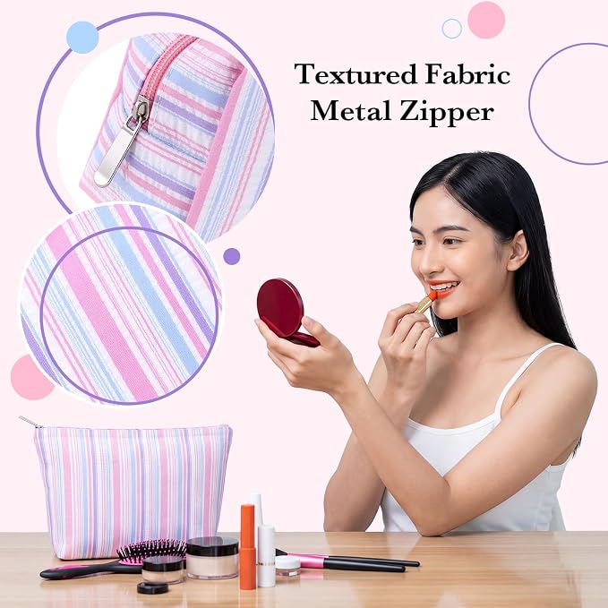 Huhumy 2 Pcs Striped Makeup Bag, Travel Toiletry Bag for Women, Aesthetic Cute Colorful Cosmetic Pouch, Seersucker Storage Organizer for Accessories, Essentials, Toiletries (Pink Purple Blue)