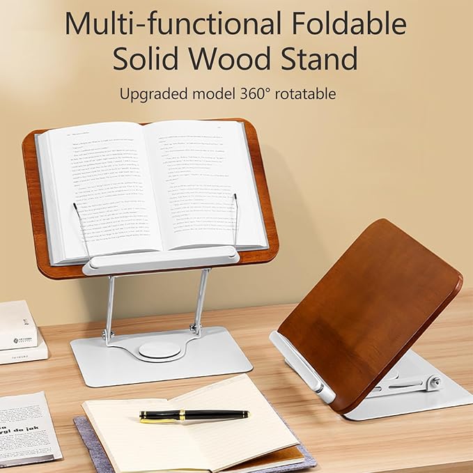 360° Rotating Book Stand for Reading, Adjustable Foldable Book Holder for Reading, Cooking, Office, Compatible with Cookbooks, Textbooks, Tablets, Sheet Music, and Laptops (White Wood Grain)