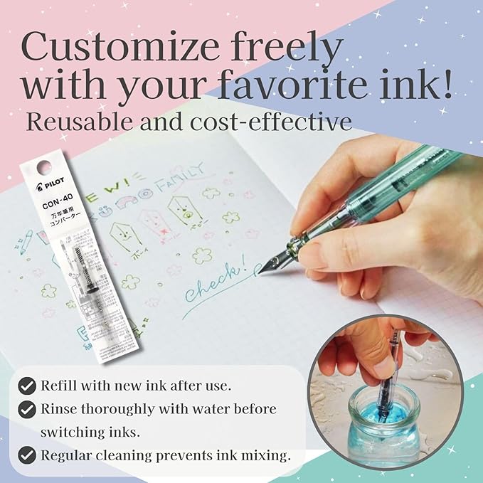Fountain Pen Set CON-40 Converter & Kakuno Fine Nib with Black Ink Cartridge & Sticky Notes – Refillable Ink System, For Beginners, Calligraphy (Green FKA-1SR-KBOG-F)