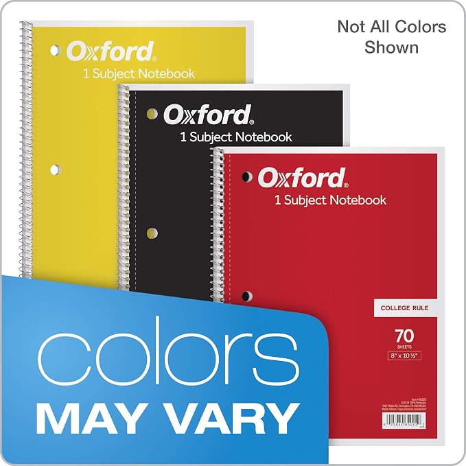 Oxford Spiral Notebook 6 Pack, 1 Subject, College Ruled Paper, 8 x 10-1/2 Inch, Color Assortment Design May Vary (65007)