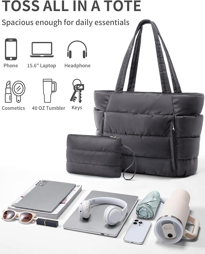 Bagstellar Puffer Tote Bag for Women, Lightweight Puffy Work Handbag Teacher Nurse Quilted Shoulder Bag for School Travel Gym | Cloud Bag w/ Zipper