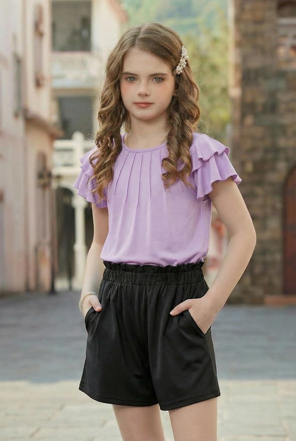 Arshiner Girls 2 Piece Outfits Summer Ruffle Sleeve Top and Paperbag Waist Shorts Set with Pockets Size 5-13 Years