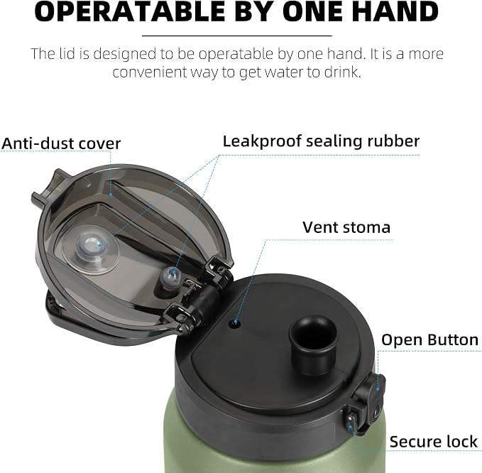Fanhaw 24 oz Insulated Stainless Steel Water Bottle with Anti-Dust Chug Lid, Leakproof Vacuum Metal Everyday Use Bottle for Kids, Teens & Adults, Back to School Essentials (Olive Green)