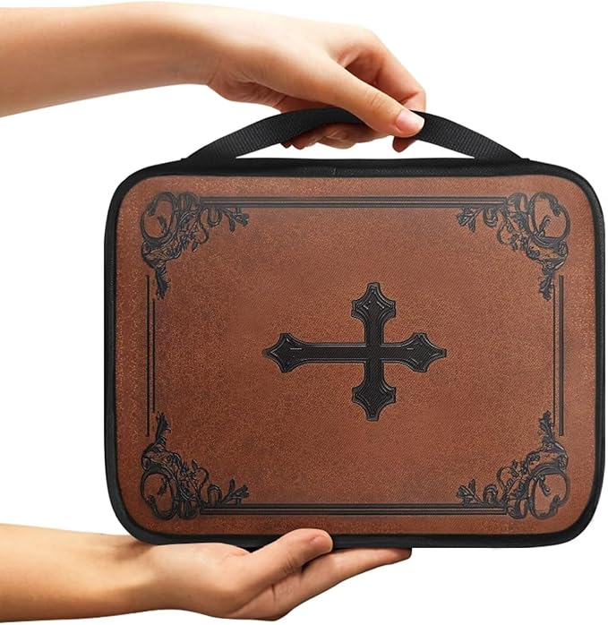 Cross Pattern Brown Bible Cover Bible Case for Men Women,Canvas Carrying Cases Book Protector with Handle