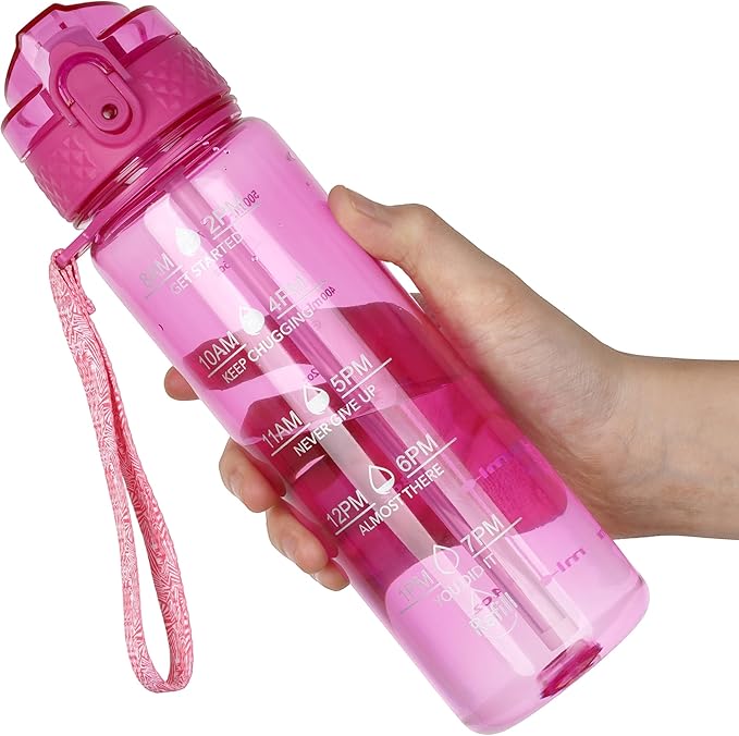 OLDLEY 17oz Kids Water Bottle, Tritan BPA-Free, Leakproof Flip Straw Lid, Motivational Time Marker, Carry Strap, Reusable Clear Water Bottle for Boys & Girls,Eggplant