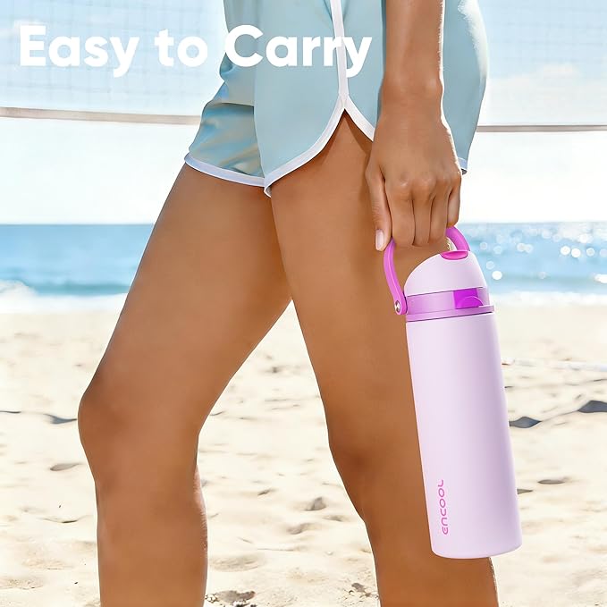 Insulated Water Bottle with Straw - Encool Stainless Steel Water Bottle with Push Button Lid, Leak-Proof & BPA-Free, Keeps Cold for 24 Hours for Sports, Travel, Gym (32 oz, Thistle-Fuchsia)