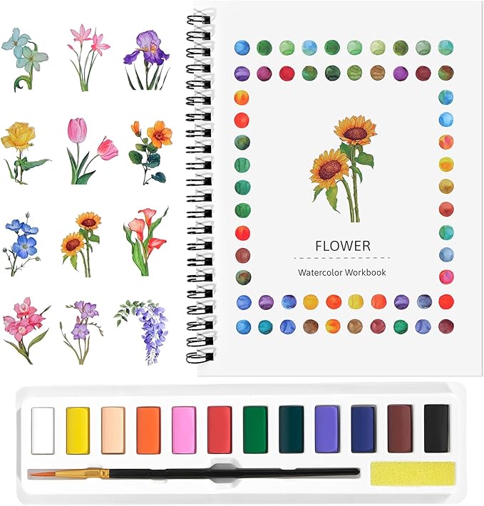 Watercolor Workbook for Beginners, Water Color Paint Book Set with Paints & Brush, 12 Beautiful Flower Patterns of Original DIY Designs, Relaxing & Creative & Joy Adult Coloring Books