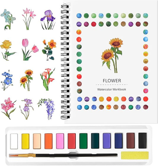 Watercolor Workbook for Beginners, Water Color Paint Book Set with Paints & Brush, 12 Beautiful Flower Patterns of Original DIY Designs, Relaxing & Creative & Joy Adult Coloring Books