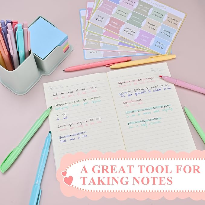 7-ackz Bible Highlighters Assorted Colors and Gel Pens Set, 8 Pastel Highlighter Markers 8 Colored Ink Gel Pens, 75 Tabs, No Bleed, Quickly Dry for Bible Study, Motivational Gift for Christians