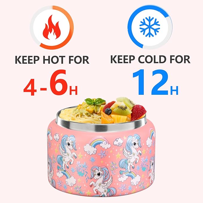 JXXM 8 Oz Thermo Food Jar for Hot & Cold Food for Kids, Insulated Lunch Containers Hot Food Jar,Leak-Proof Vacuum Stainless Steel Wide Mouth Lunch Soup Thermo for School (PINK-Unicorn)