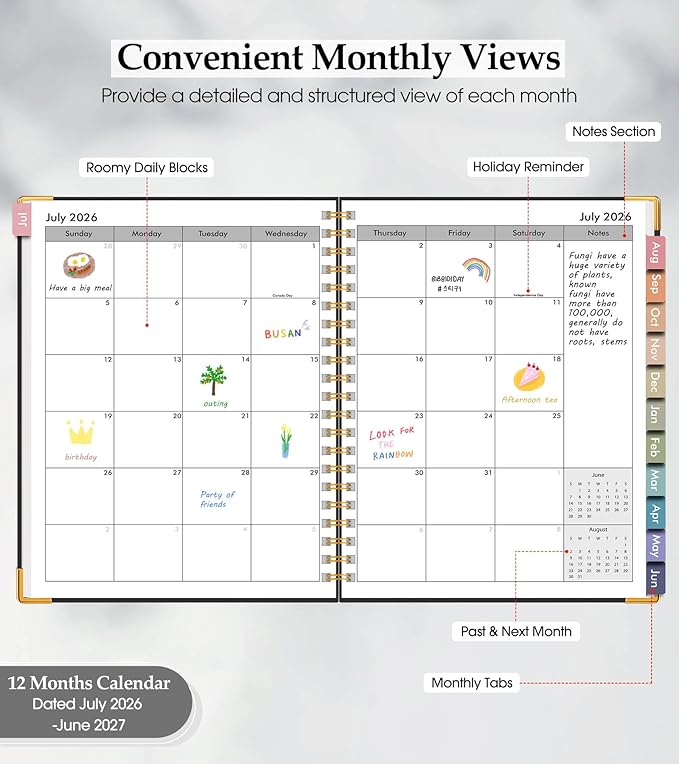 Academic Planner 2026-2027, Hardcover Leather Weekly and Monthly Calendar Planner from July 2026 - June 2027, A5 6.1" x 8.2" Daily Agenda with Tabs, College School Organizer for Student Teacher, Black