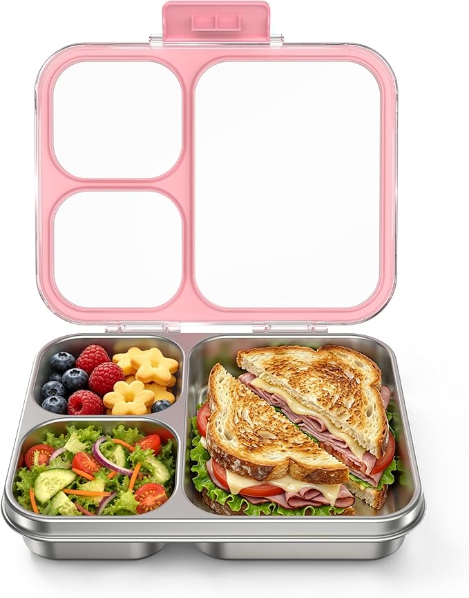 HOMEKOL Stainless Steel Bento Lunch Box, 3-Compartment Leak-Proof Metal Lunch Container for Kids & Adults, BPA-Free, Dishwasher Safe, Clear Tritan Lid, 4.2Cups/1000ml Pink (Not Insulated)