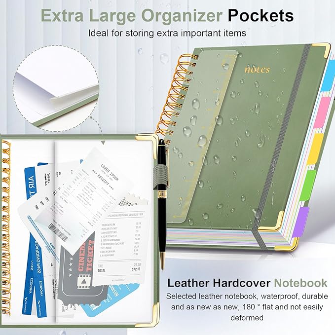 Hardcover Spiral Notebook 8"x10" Journal Notebook with Tabs and Removable Dividers 300 Pages 5 Subject Notebook College Ruled, Faux Leather Spiral Bound Notebook for Women School Work (Sage Green)