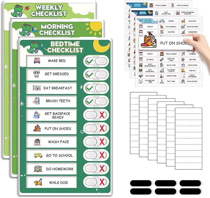 3 in 1 Upgraded Slider Bedtime/Morning/Weekly Routine Chart for Kids, Magnetic Chore Chart for Kids with Cute Chore Stickers, Cute Visual Schedule for Kid