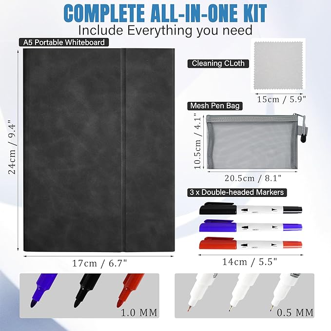 Portable Dry Erase White Board Notebook 6" x 9" (A5) with Stand, Small Double Sided Folding Reusable Whiteboard, Anti-Ghosting Surface Foldable Notebook with 3 Markers & 1 Pen Bag, for Draft, Meeting