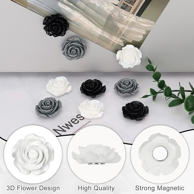 20 Pcs Rose Fridge Magnets, 1.1 Inch Cute Flower Fridge Magnets, 3D Colorful Refrigerator Decorative Magnet for Whiteboard Locker Cabinet (Black-3 Colors-Rose)