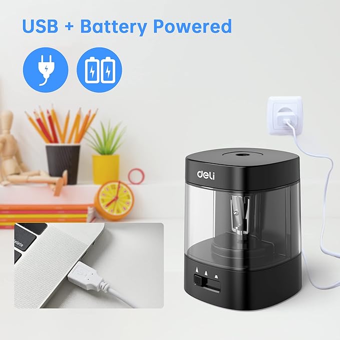 Deli Electric Pencil Sharpener, Automatic Pencil Sharpeners for No.2 Pencils Colored Pencils, USB & Battery Operated Pencil Sharpener for School, Home, Office, Classroom, Black