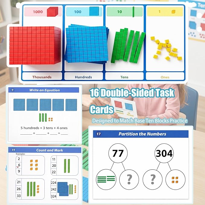 Base Ten Blocks 153 pcs Math Manipulatives, Base 10 Blocks for Math, Math Cubes & Place Value Blocks for Kids, Math Counters for 1st Grade Kindergarten Classroom Homeschool Learning Kit