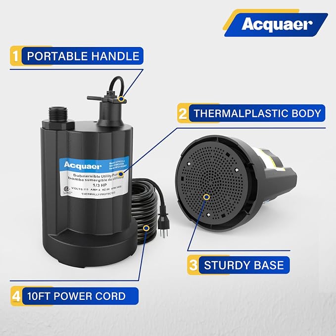 1/3 HP Submersible Water Pump 2160GPH Sump Pump Thermoplastic Utility Pump Portable Electric Water Pump Water Remove for Basement Hot Tubs Garden Pool Cover Draining with 10 ft Cord | Thermoplastic Utility Pump Electric Water Pump Water Remove for Base...