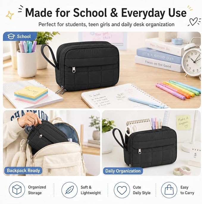 Puffer Quilted Pencil Pouch for Women, Large Capacity Organizer Bag with Multiple Compartments, Cute Aesthetic Pencil Case for Office, Travel & Daily Essentials (black)