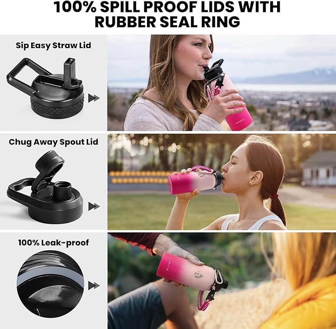 RAYMYLO Insulated Water Bottle 32 oz, Triple Wall Vacuum Stainless Steel (Cold for 24Hrs, Hot for 12Hrs), Leak Proof & Non-BPA, Modern Water Flask Jug with Paracord Handle & Straw Spout Lids