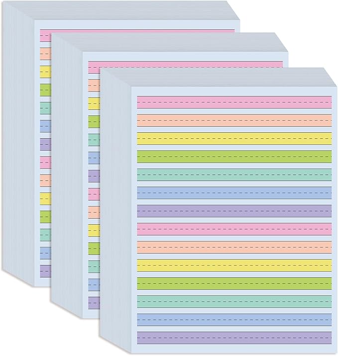 (3-Pack) 8.5" x11" Double Side Colored Primary Writing Paper for Kids with ADHD - 150 Sheets/300 Pages Handwriting Paper, 0.5" Multi-Color Raised Line Paper