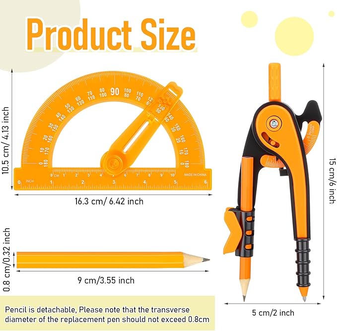 Zonon 2 Pcs Student Protractor and Compass, Student Geometry Math Set Drawing Compass and 180 Degree 6 Inch Protractor with Swing Arm for Drawing Measuring School Office (Orange)
