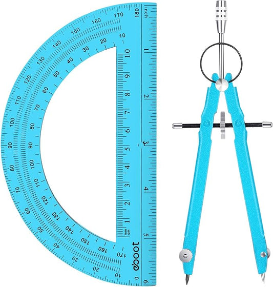 EBOOT Student Geometry Math Set, Metal Drawing Compass and 6 Inch Clear Swing Arm Protractors 180 Degree Math Protractor(Blue and Blue)